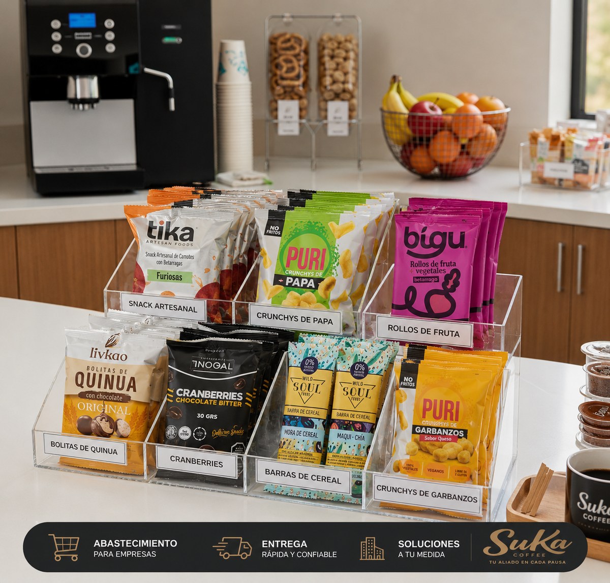 Selección referencial de snacks, bebidas y productos corporativos