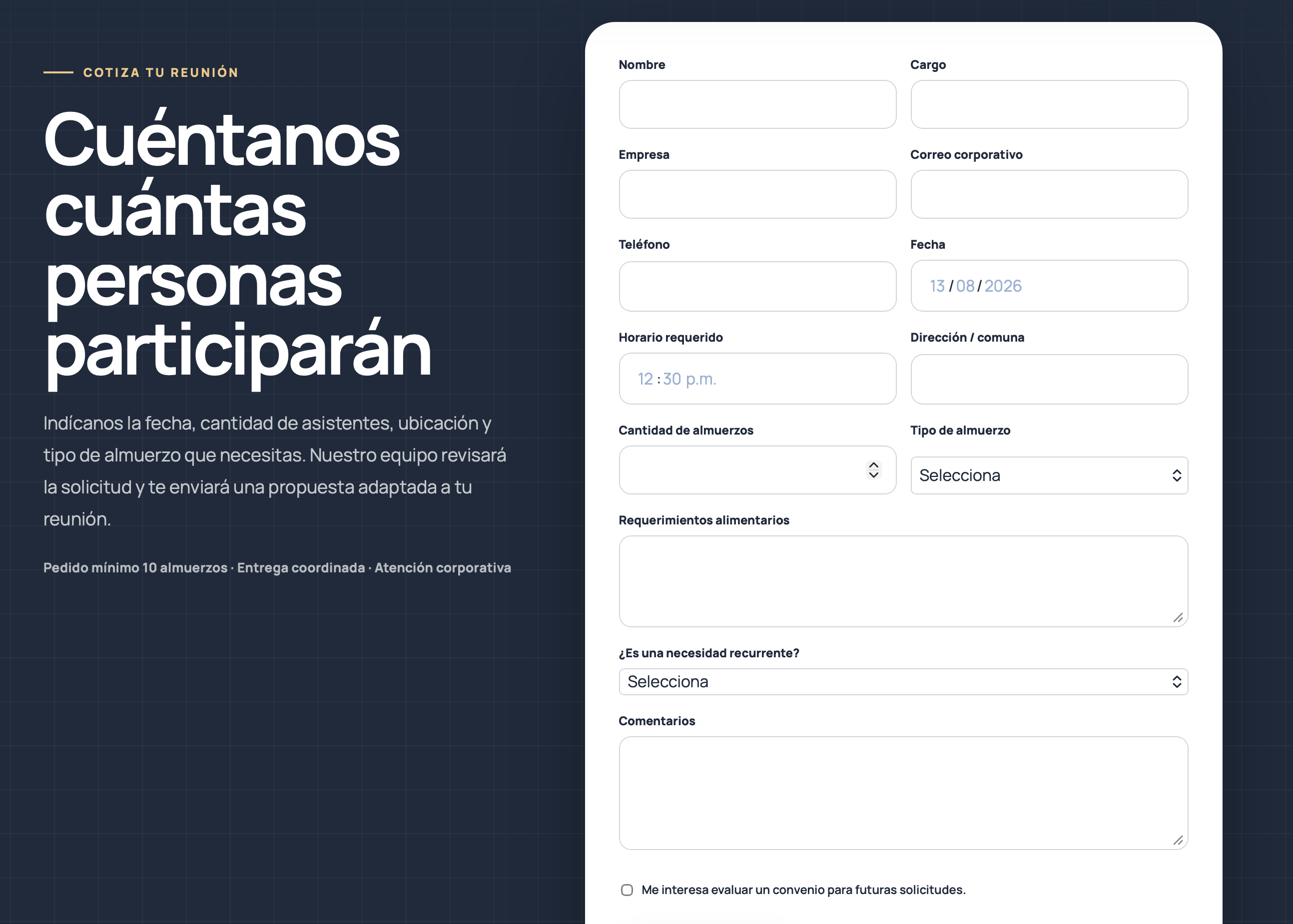 Coordinación de una solicitud de almuerzos corporativos