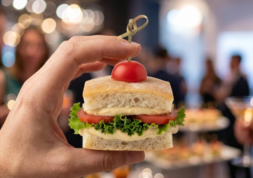 Mini Sándwich Cocktail Vegano en Pan Crocata artesanal – Hummus de Garbanzo, Tomate y Lechuga (20 unidades)